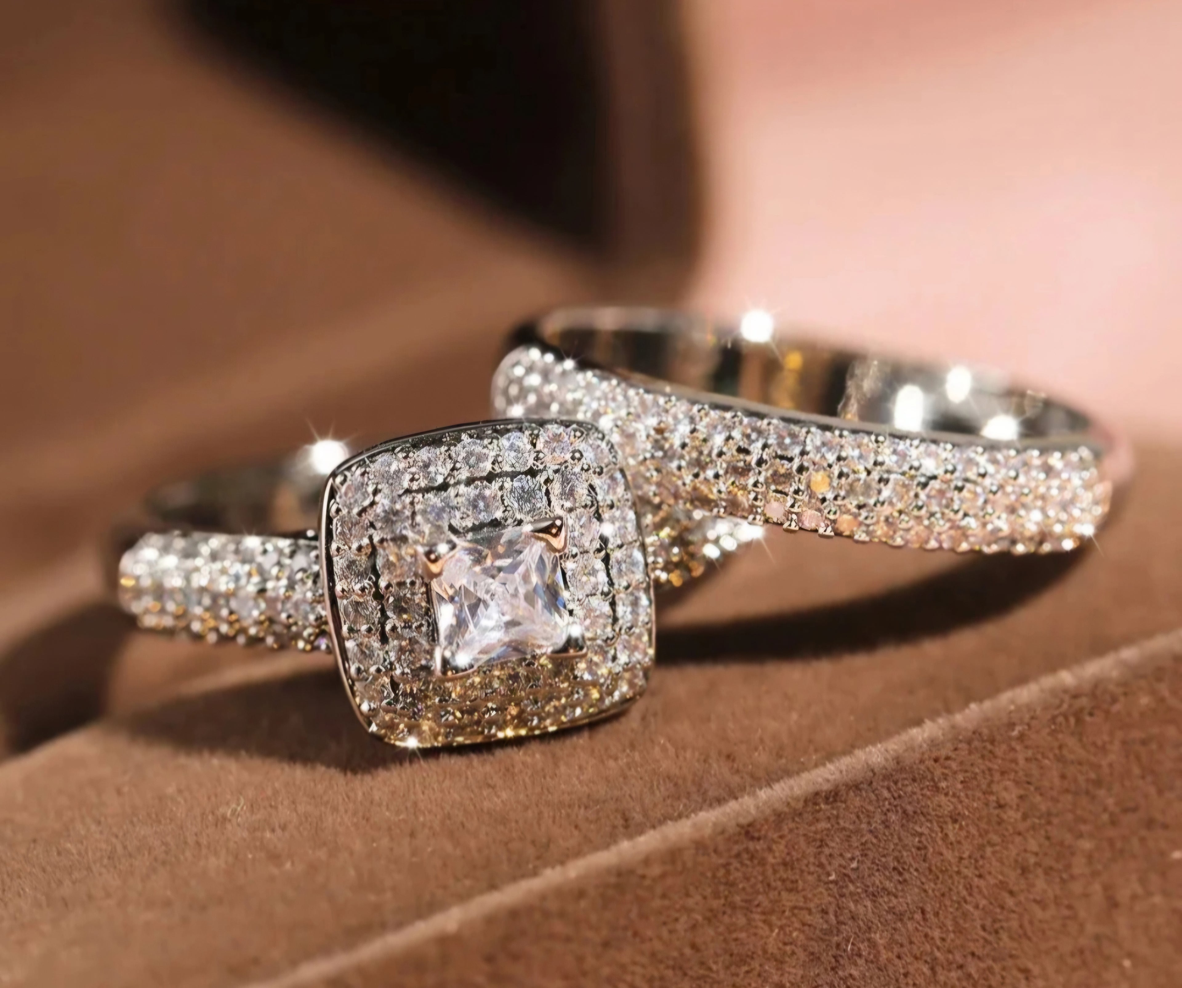 Brass Base Platinum Plated 1ct Zircon Diamond Rings 2-piece Set Size 4-Brand New
