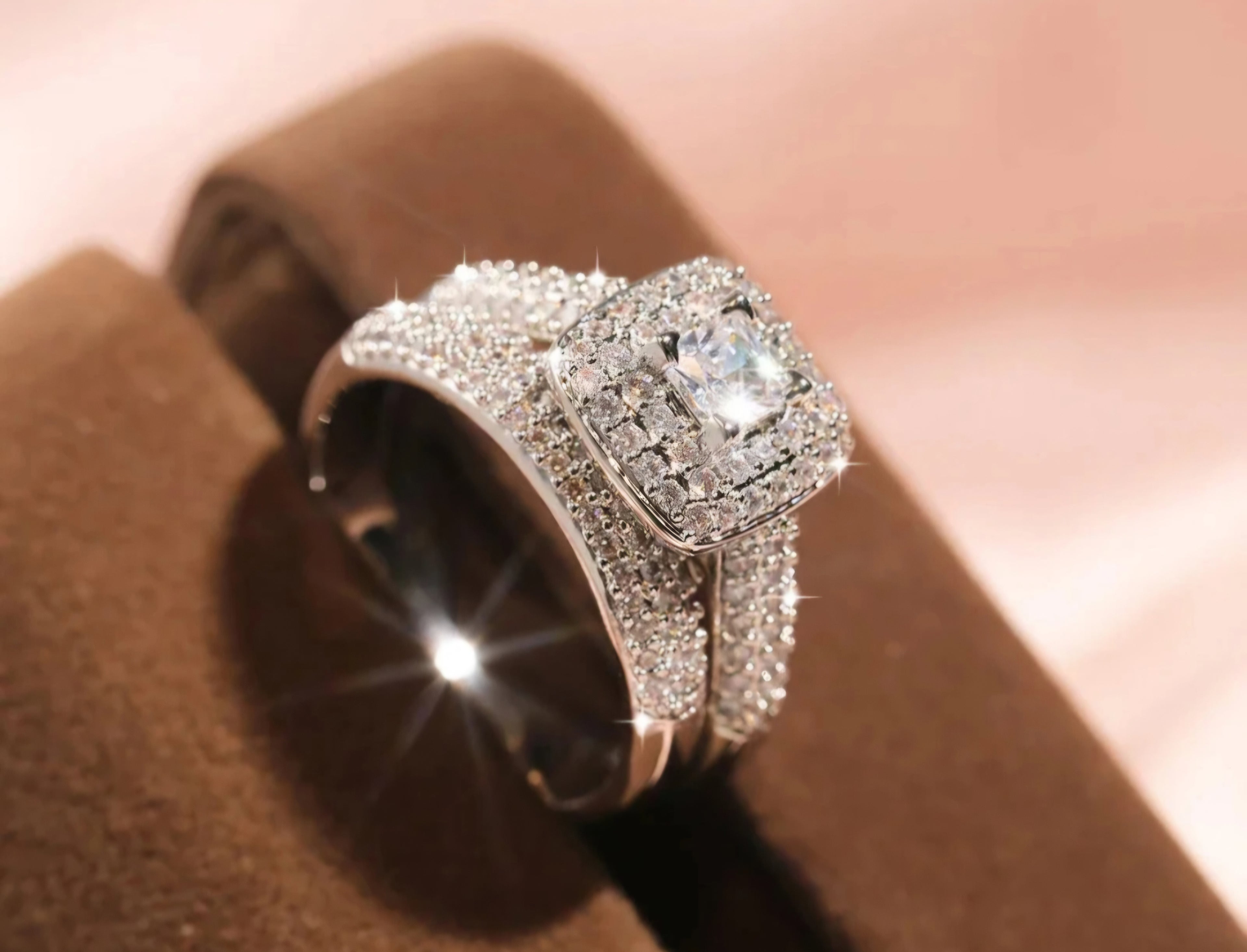 Brass Base Platinum Plated 1ct Zircon Diamond Rings 2-piece Set Size 4-Brand New