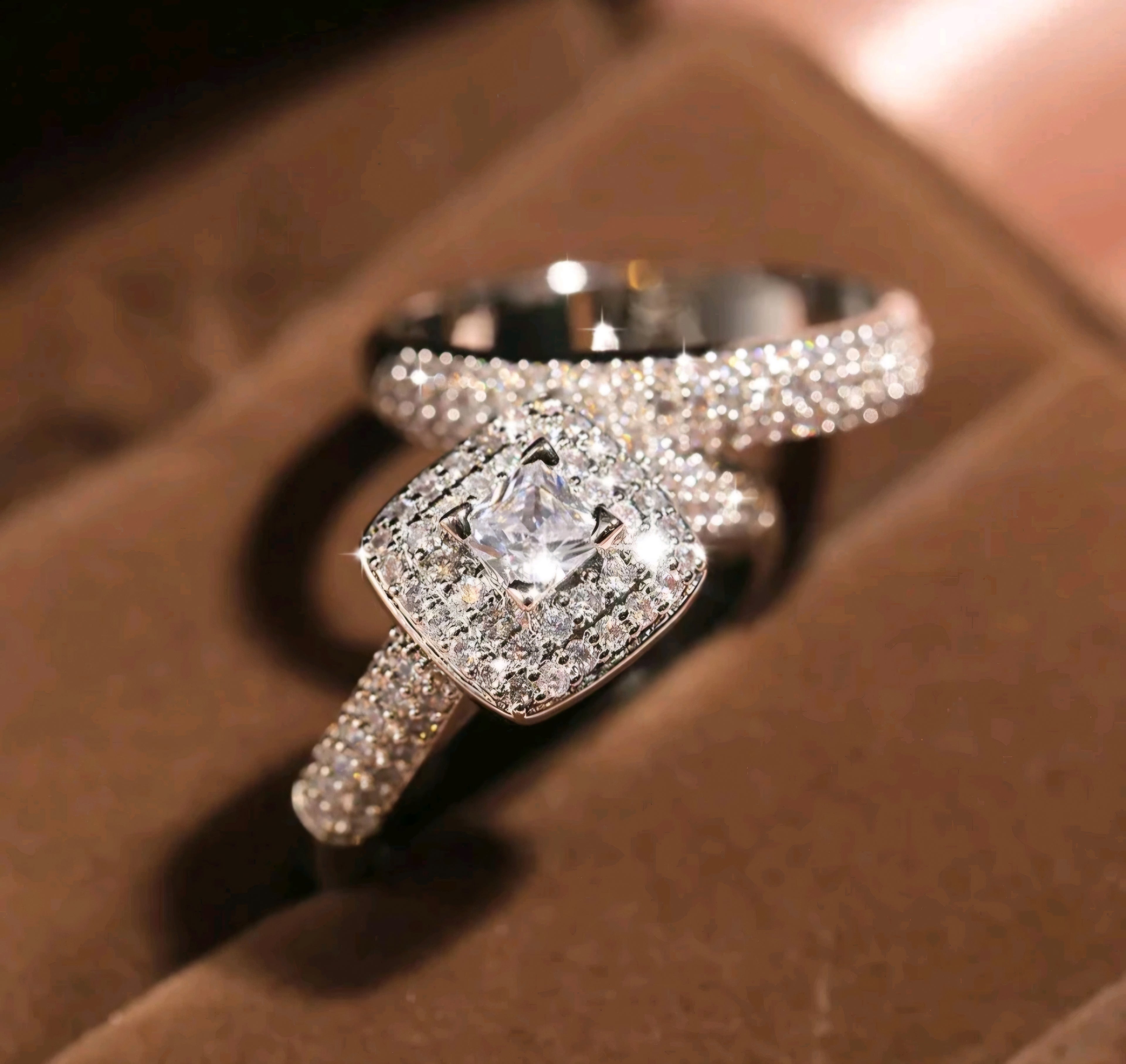 Brass Base Platinum Plated 1ct Zircon Diamond Rings 2-piece Set Size 4-Brand New