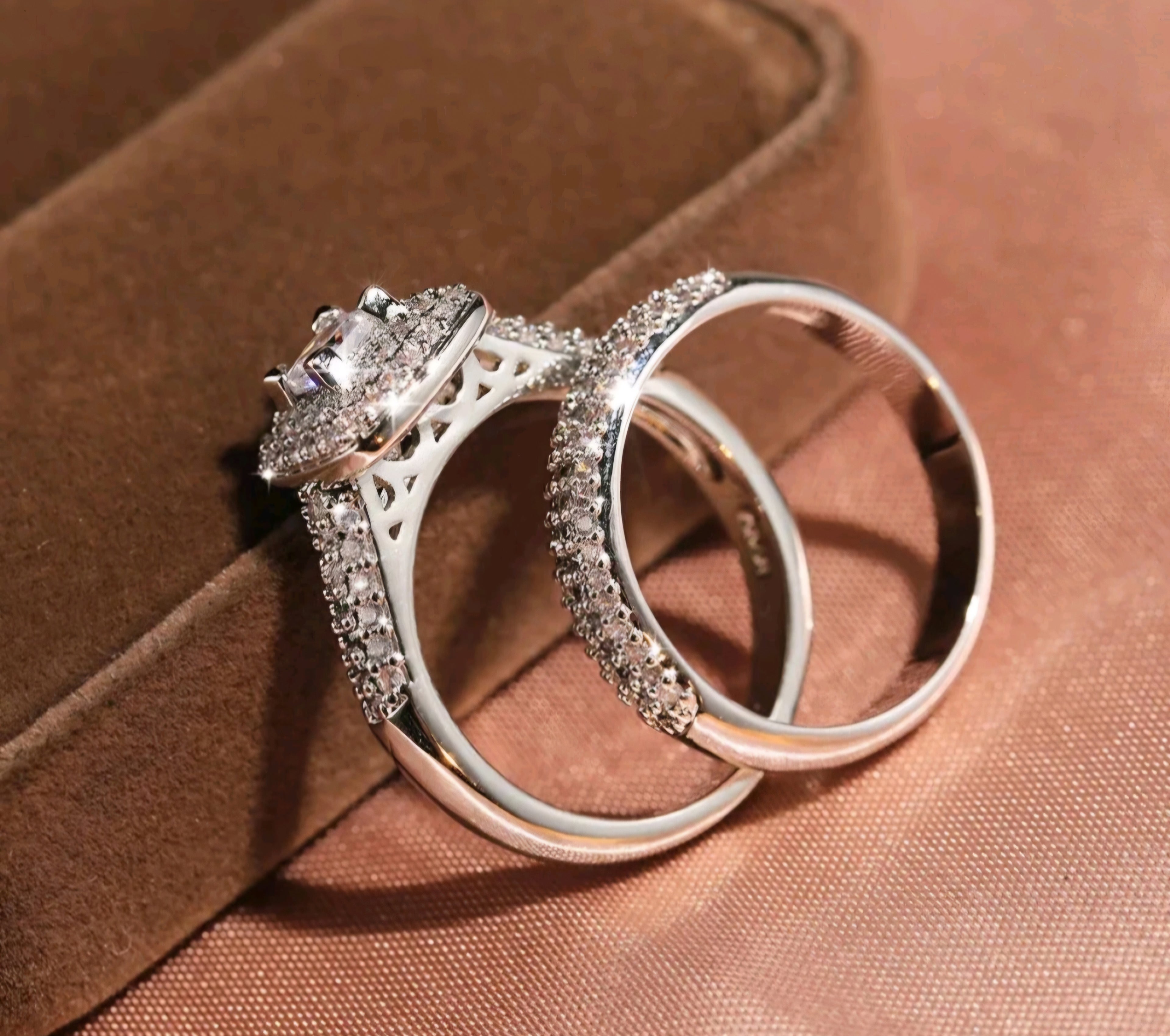 Brass Base Platinum Plated 1ct Zircon Diamond Rings 2-piece Set Size 4-Brand New